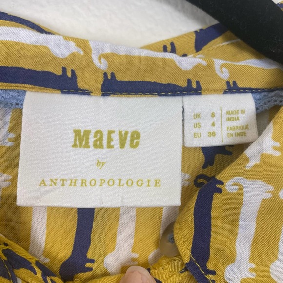 Maeve By Anthropologie Dog Print Yellow Satin Bell Sleeve Button Up long Sleeve - Picture 9 of 12